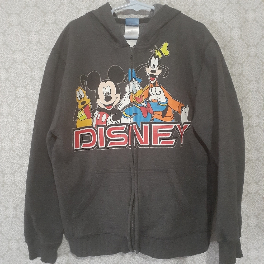 Disney Kids Gray Zip Up Hoodie with Graphic Mickey Mouse Donald Duck Goofy Pluto